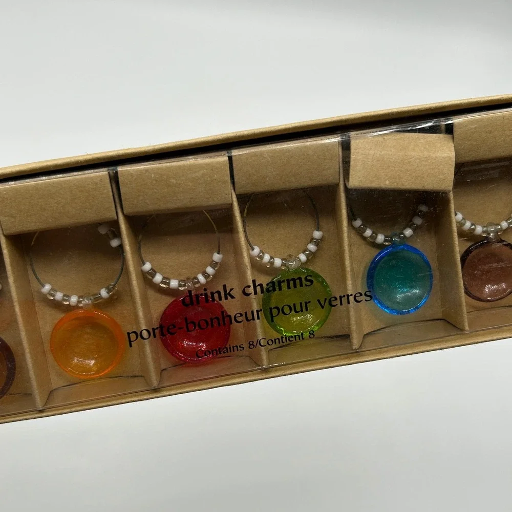 Pier 1 Imports Colorful Glass Beaded‎ Drink Charms 8 Set Wine Glass Markers NIB
